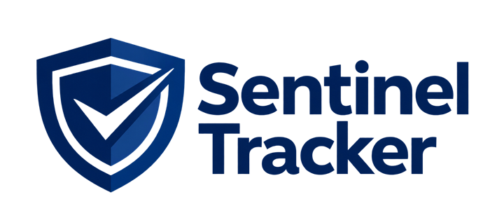 Sentinel Tracker — official logo: a blue shield with a checkmark beside the Sentinel Tracker wordmark